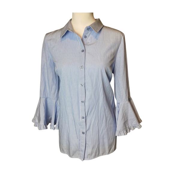 Blue White Striped Bell Sleeve Button Down Shirt Classic Office Chic Top 14 - Picture 2 of 9